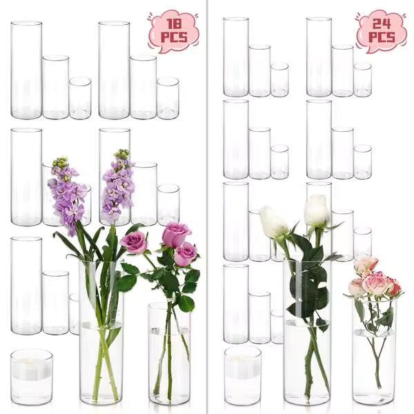 Tomnk 9/18/24/30pcs Clear Glass Cylinder Vases, 4, 8, 12 Inch Tall Cylinder Vases For Centerpieces, Glass Flower Vase, Hurricane Floating Candle Holder Vase For Table Shelf, Party, Wedding, Home, Party Decor