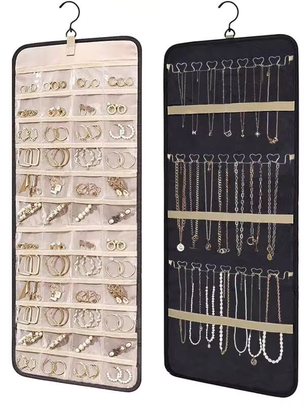 Large Capacity Jewelry Organizer Hanging Bag - Double-Sided Wall-Mounted Closet Storage With Hooks For Earrings/Necklaces/Rings | Dustproof Premium Polyester Door Organizer (Black Valentine's Gift Idea)