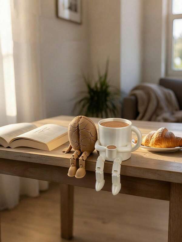 Cute Coffee Cup & Coffee Bean Shaped Movable Figurine - PLA Material Desktop Decor, Modern Design, Ideal For Coffee Corner Decoration, Interesting Gift For Coffee Lovers, Home & Office Decor, Adorable Bookshelf Ornament, Collectible Movable Figurine
