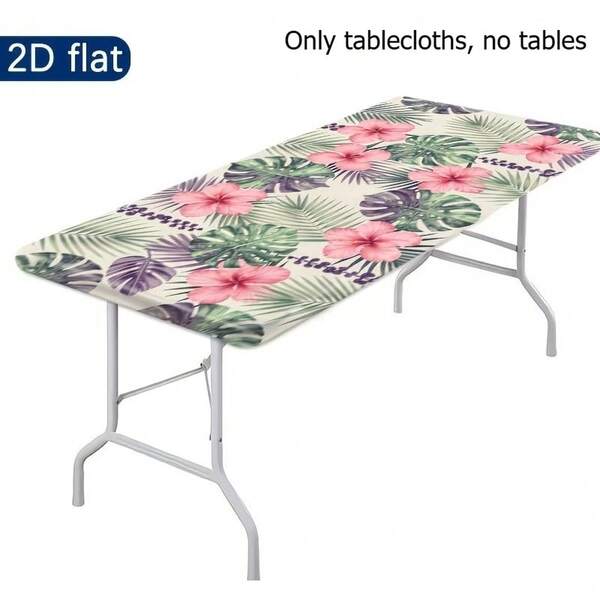 1 Piece Of 2D Flat Outdoor Tablecloth, Featuring A Tropical Floral Pattern, Designed In A Fresh And Natural Style. It Has Elastic Edges, Is Machine Washable, And Is Perfect For Home, Kitchen, Dining Room, Camping, And Picnics