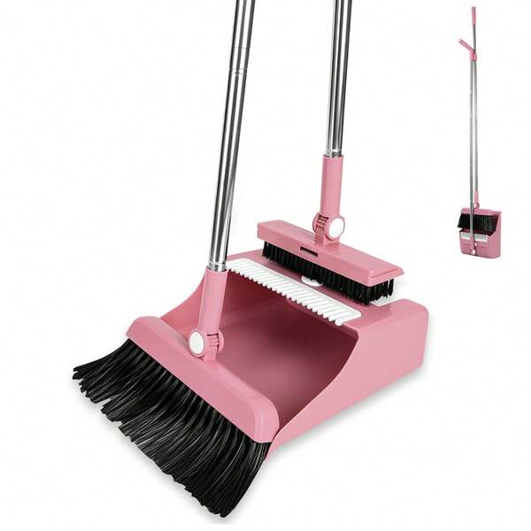 1set Pink 3-In-1 Broom And Foldable Dustpan Set With Built-In Comb Teeth, Adjustable Long Handle Upright Sweeping Tool For Pet Hair And Floor Cleaning